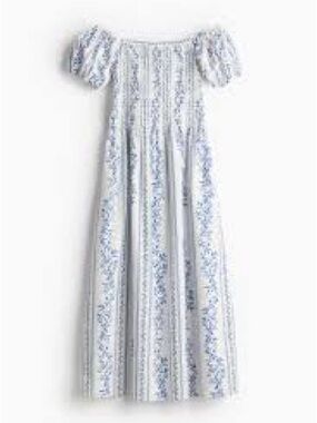 Blue and White smocked poplin Bridgerton off the shoulder dress size small